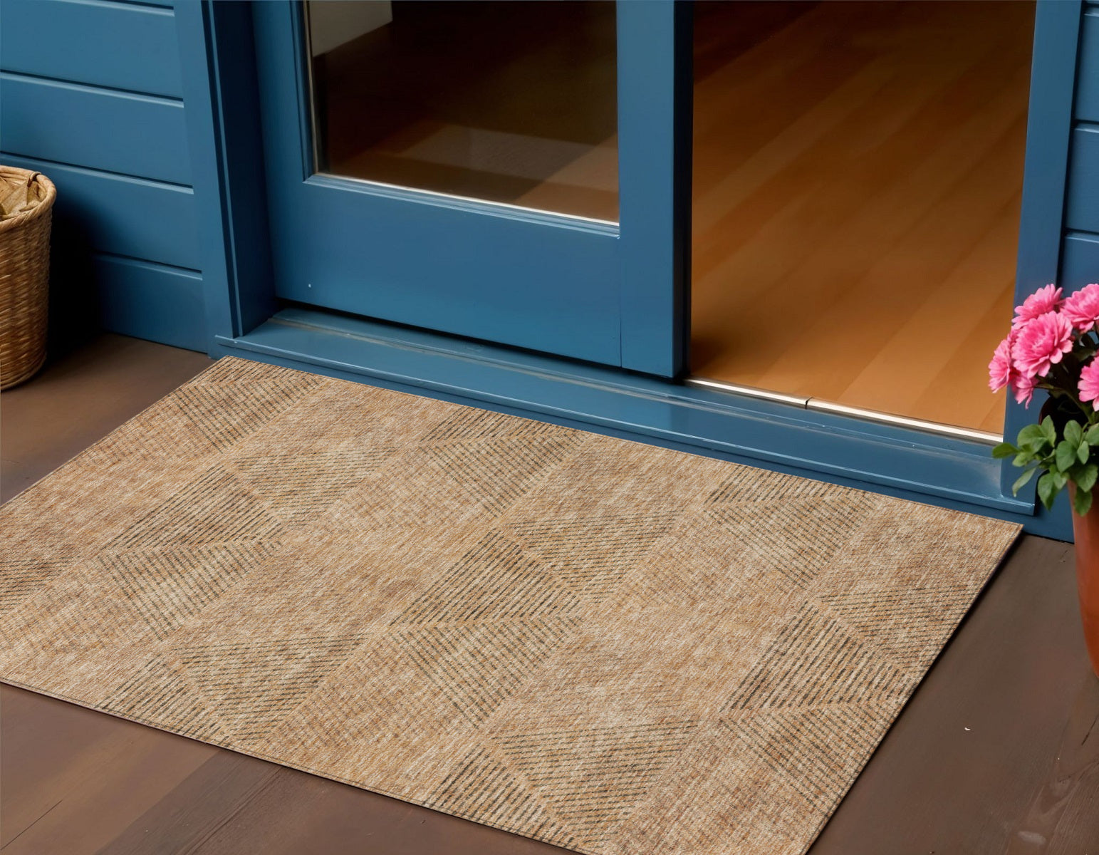 3 X 5 Copper Brown And Terra Cotta Geometric Washable Indoor Outdoor Area Rug