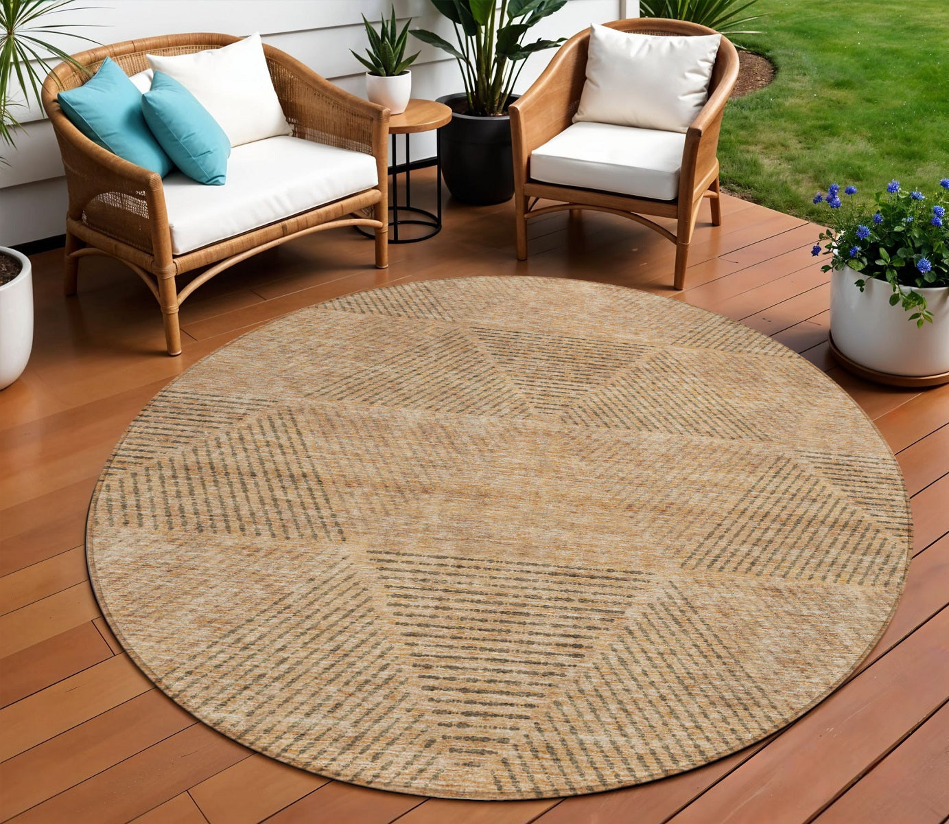 8 Copper Brown And Terra Cotta Round Geometric Washable Indoor Outdoor Area Rug