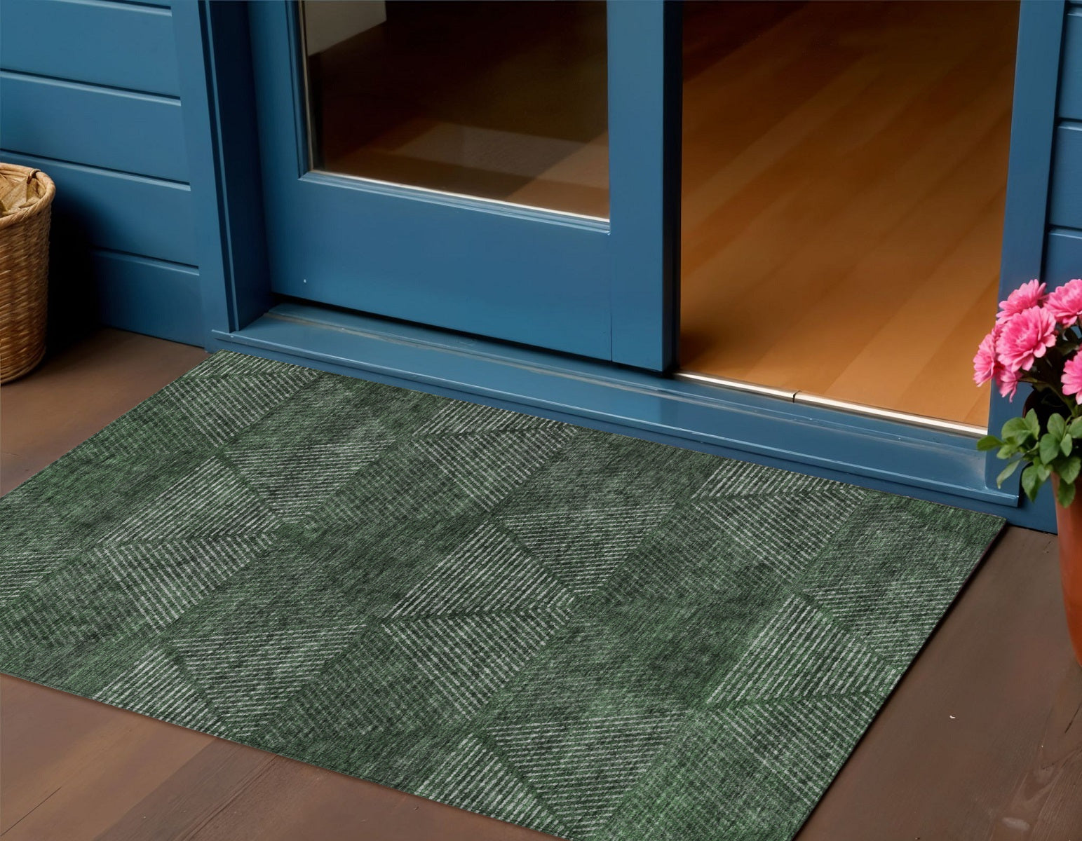 3 X 5 Fern Green And Emerald Geometric Washable Indoor Outdoor Area Rug