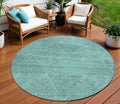 8 Teal Blue And Aqua Round Geometric Washable Indoor Outdoor Area Rug
