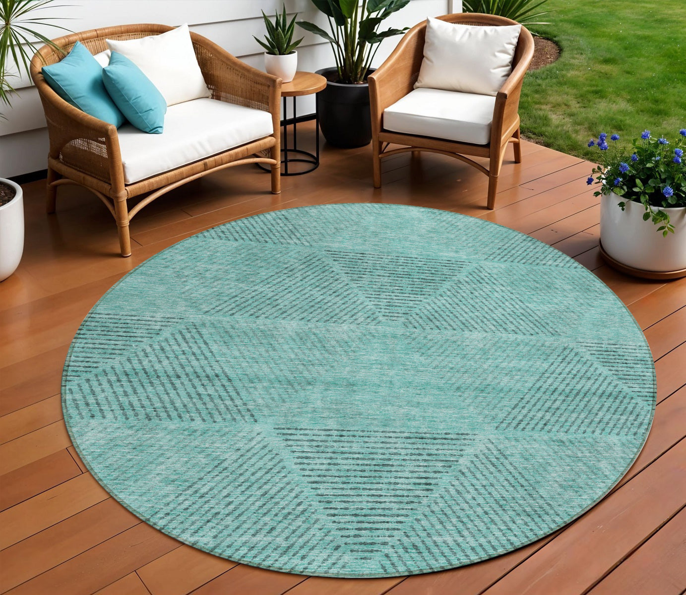 8 Teal Blue And Aqua Round Geometric Washable Indoor Outdoor Area Rug