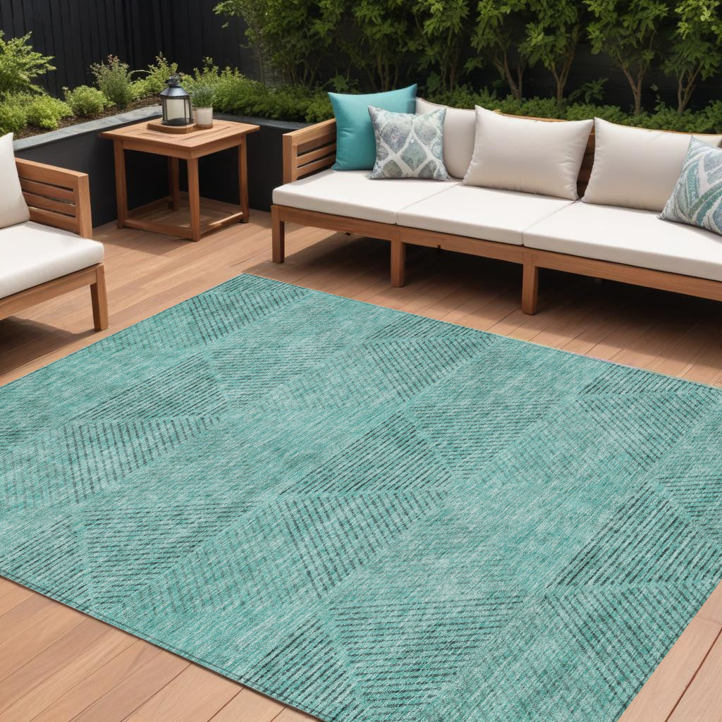 9 X 12 Teal Blue And Aqua Geometric Washable Indoor Outdoor Area Rug