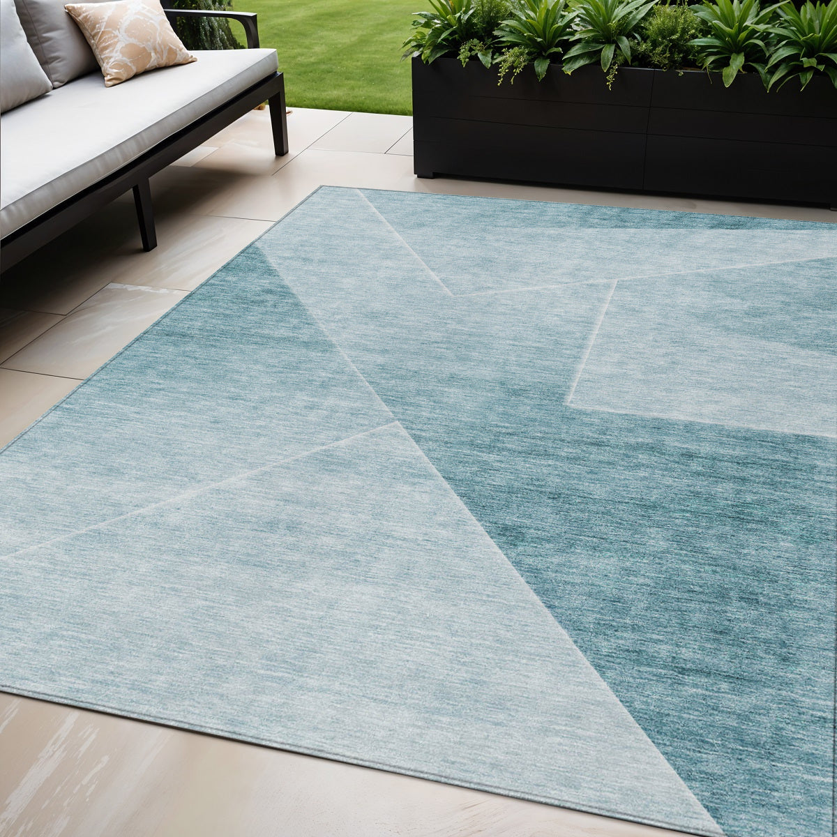 5 X 8 Teal Blue And Aqua Abstract Washable Indoor Outdoor Area Rug