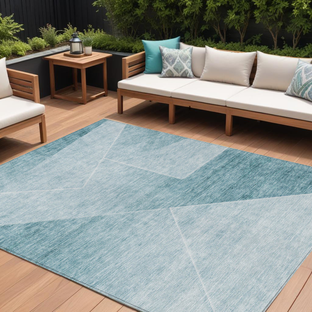 9 X 12 Teal Blue And Aqua Abstract Washable Indoor Outdoor Area Rug