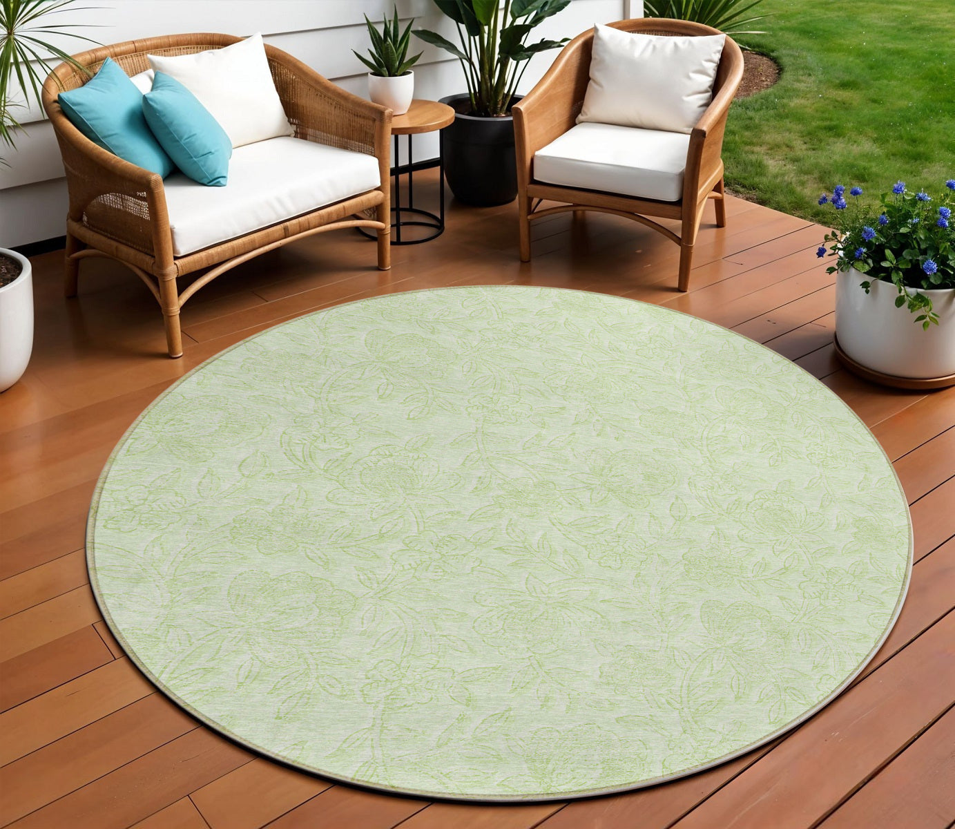 8 Artichoke Green And Mint Green Round Floral Washable Indoor Outdoor Area Rug