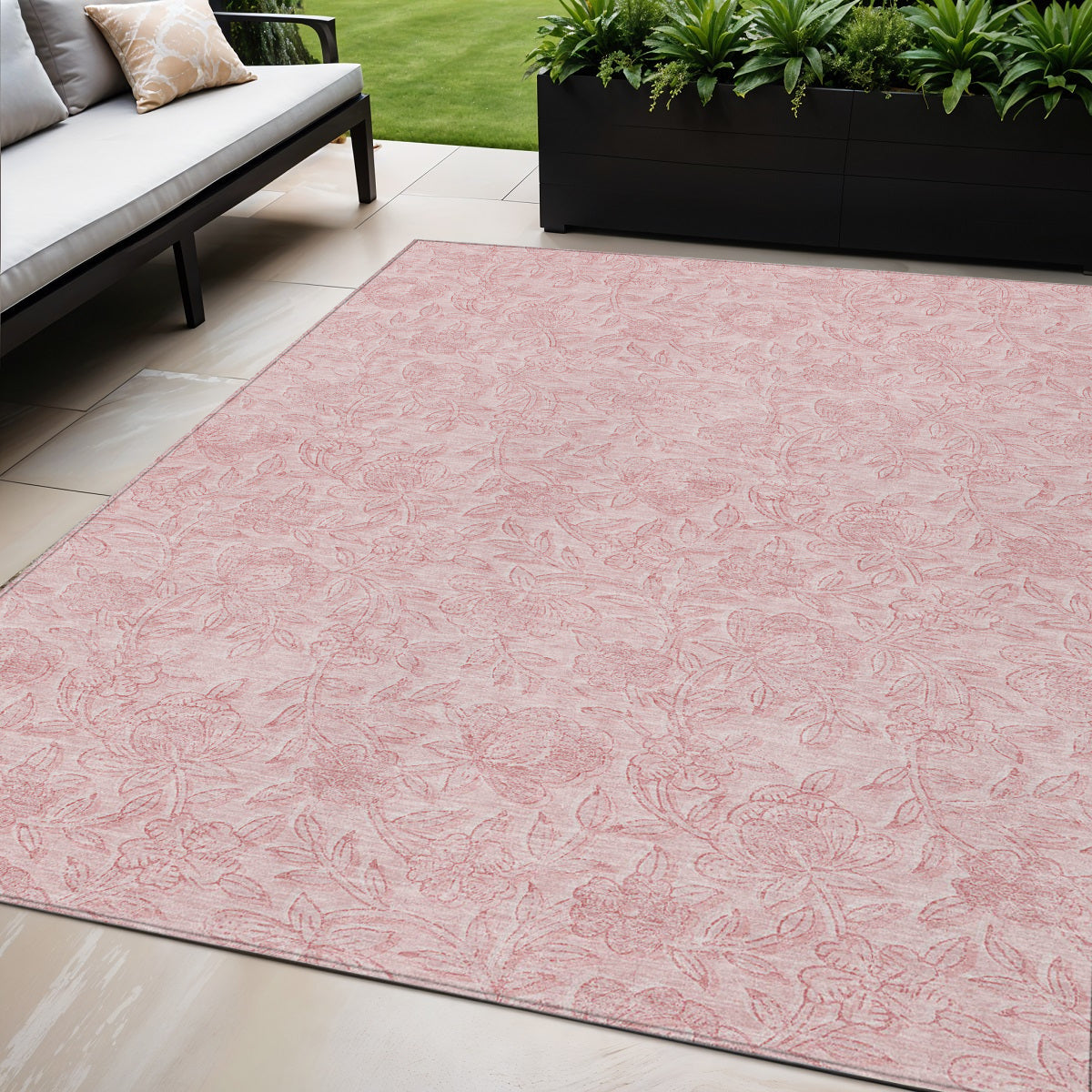 5 X 8 Pink And Red Floral Washable Indoor Outdoor Area Rug
