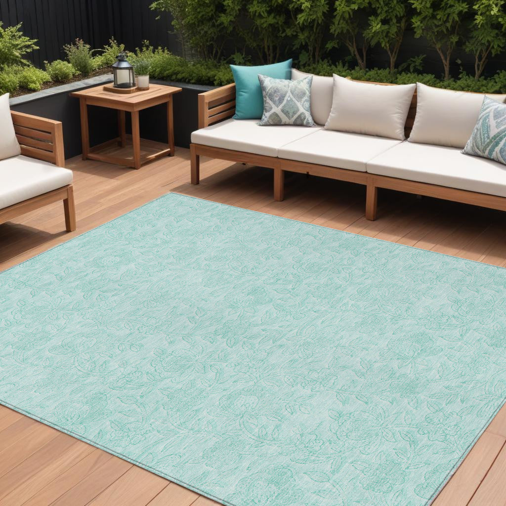 8 X 10 Teal Blue And Aqua Floral Washable Indoor Outdoor Area Rug