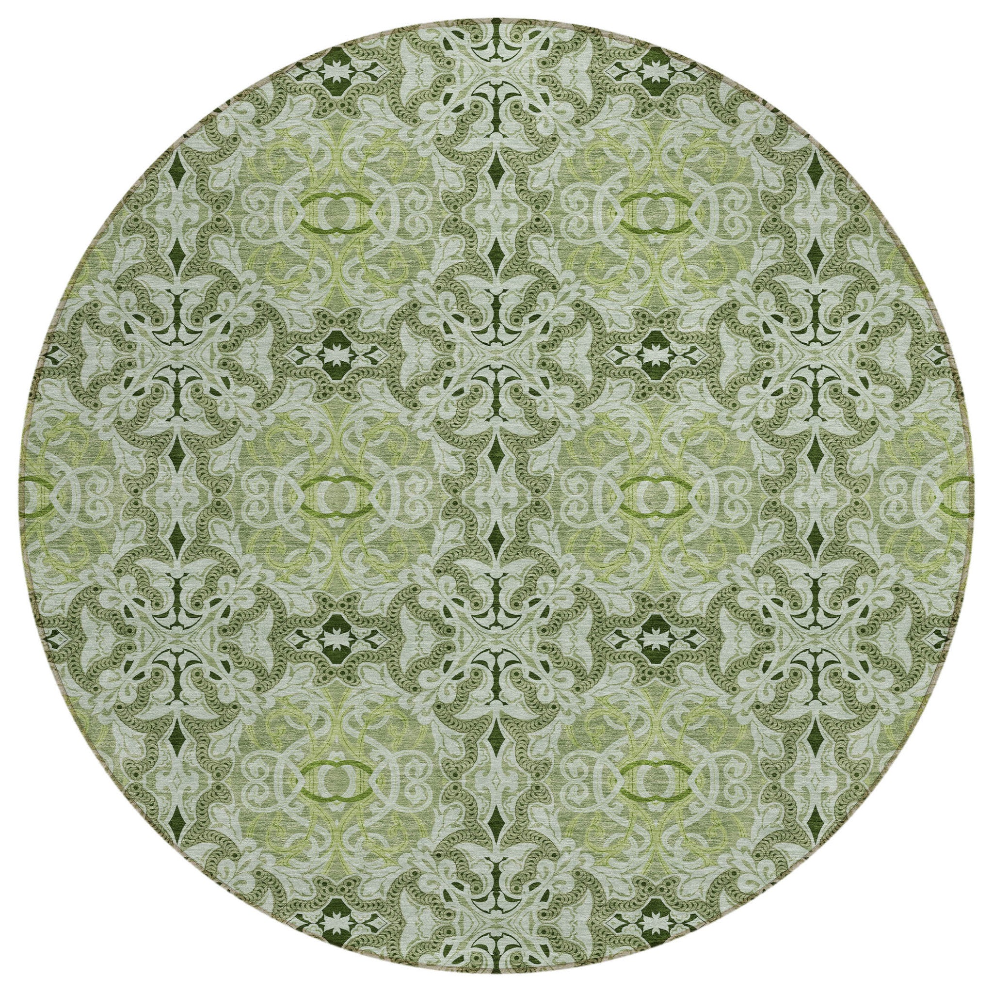 8 Artichoke Green And Fern Green Round Medallion Washable Indoor Outdoor Area Rug