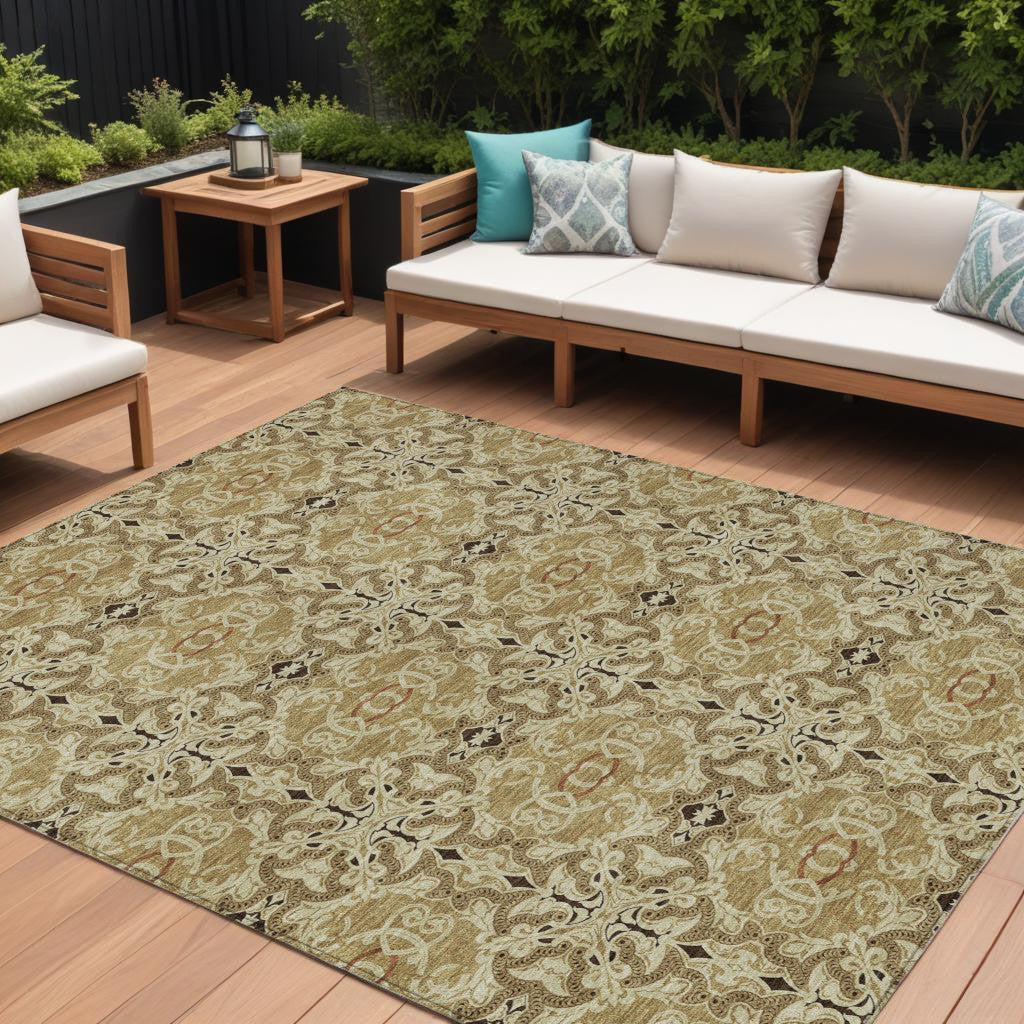 10 X 14 Brown Beige And Tan Medallion Washable Indoor Outdoor Area Rug