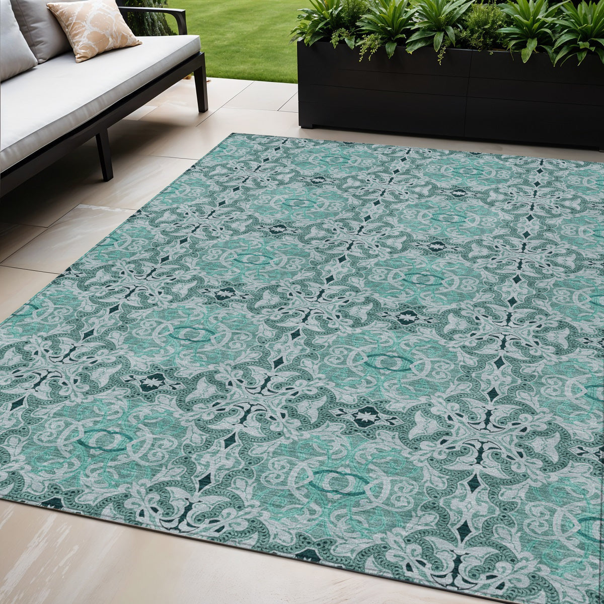 5 X 8 Teal Blue And Aqua Medallion Washable Indoor Outdoor Area Rug