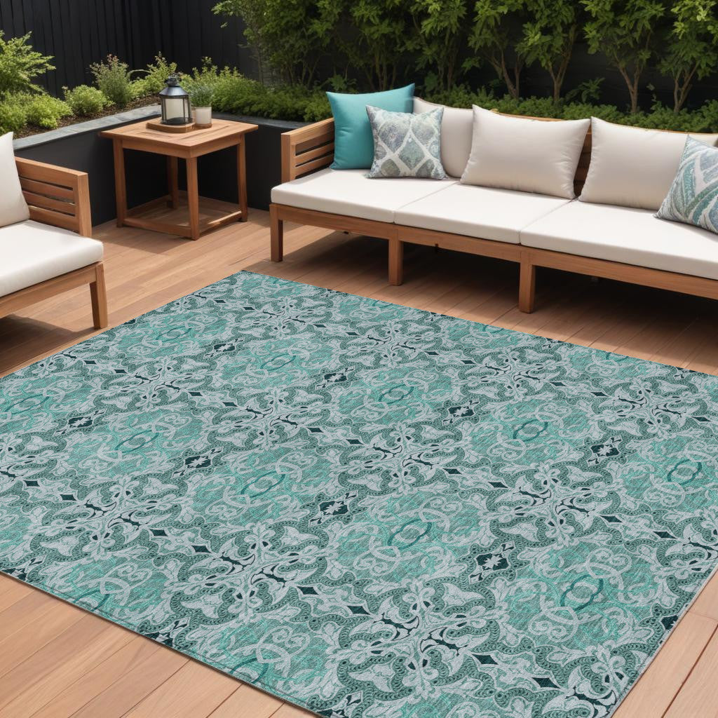 9 X 12 Teal Blue And Aqua Medallion Washable Indoor Outdoor Area Rug