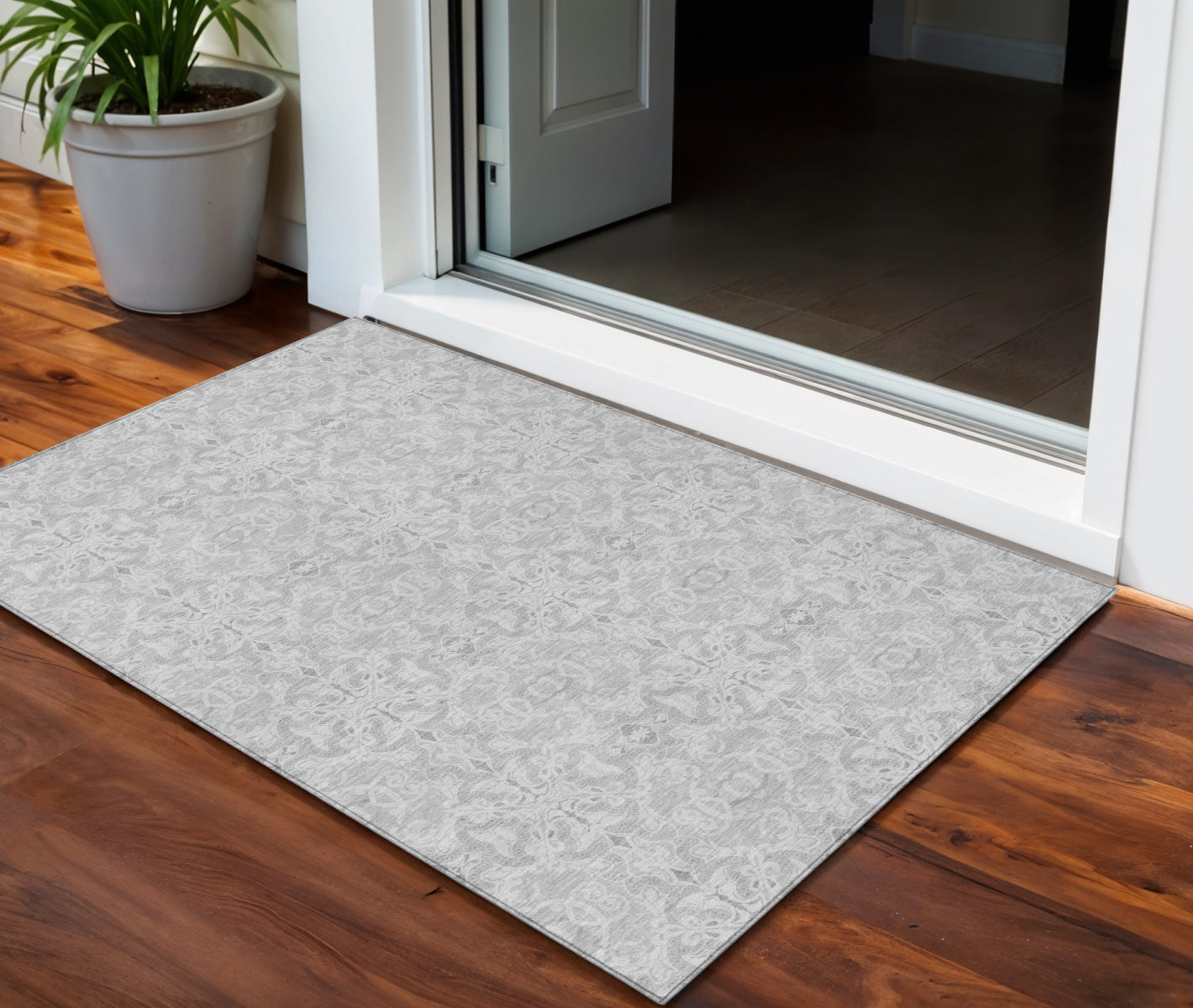 3 X 5 Silver And Gray Medallion Washable Indoor Outdoor Area Rug