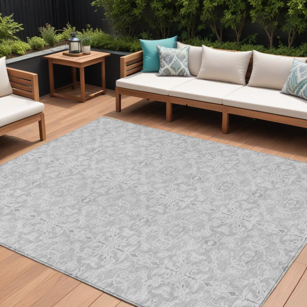9 X 12 Silver And Gray Medallion Washable Indoor Outdoor Area Rug