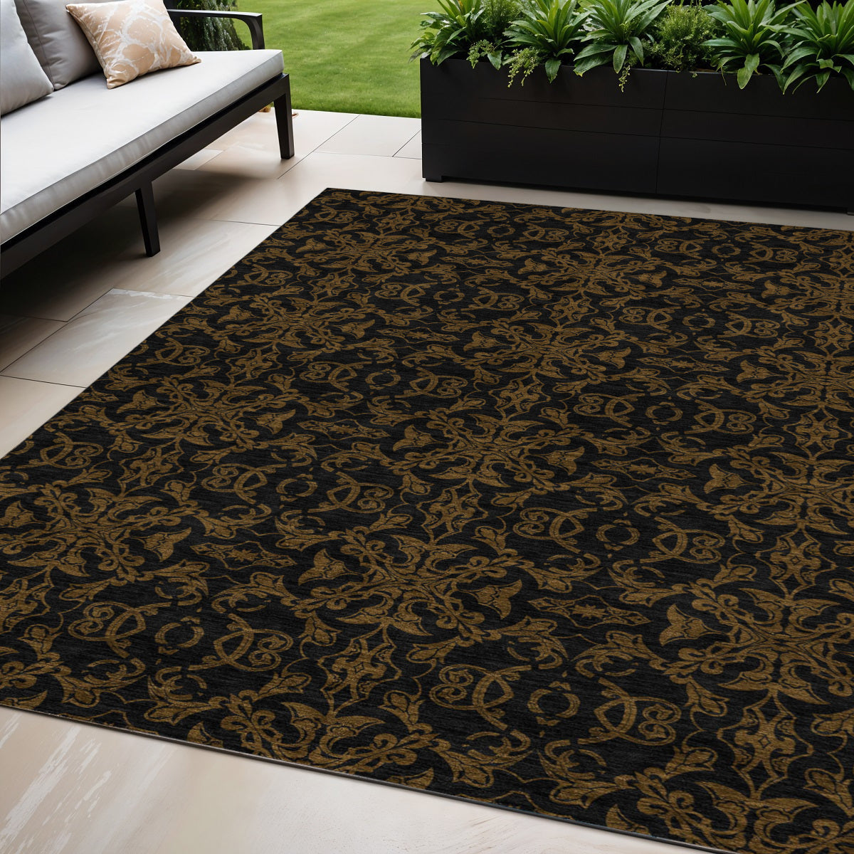 5 X 8 Brown And Black Medallion Washable Indoor Outdoor Area Rug