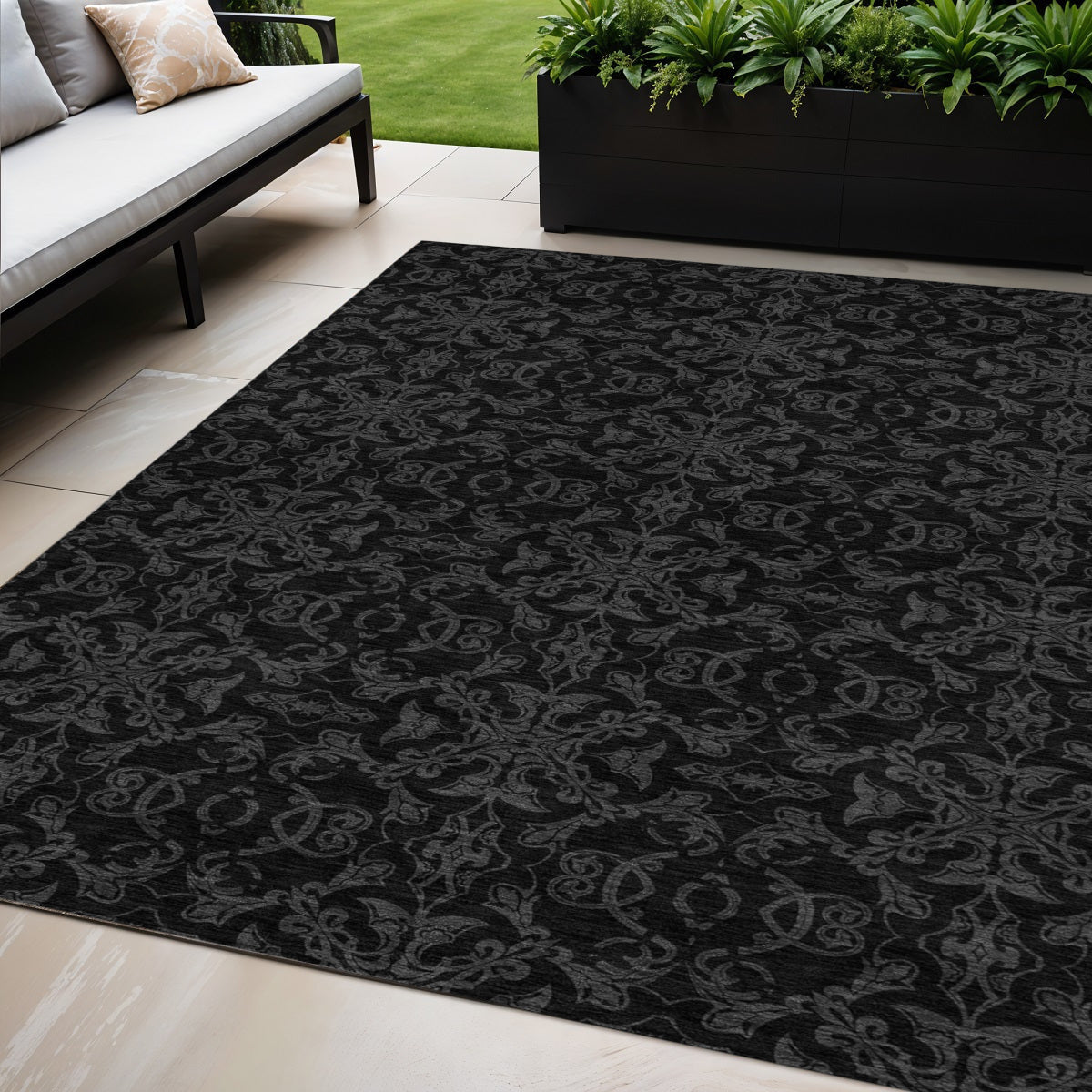 5 X 8 Gray And Charcoal Medallion Washable Indoor Outdoor Area Rug