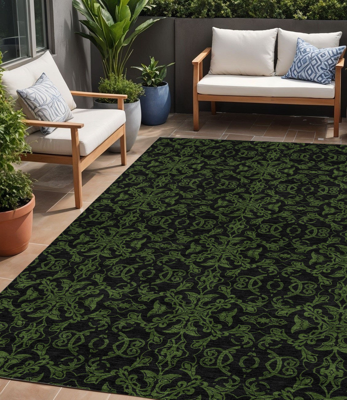 5 X 8 Olive Green And Green Medallion Washable Indoor Outdoor Area Rug