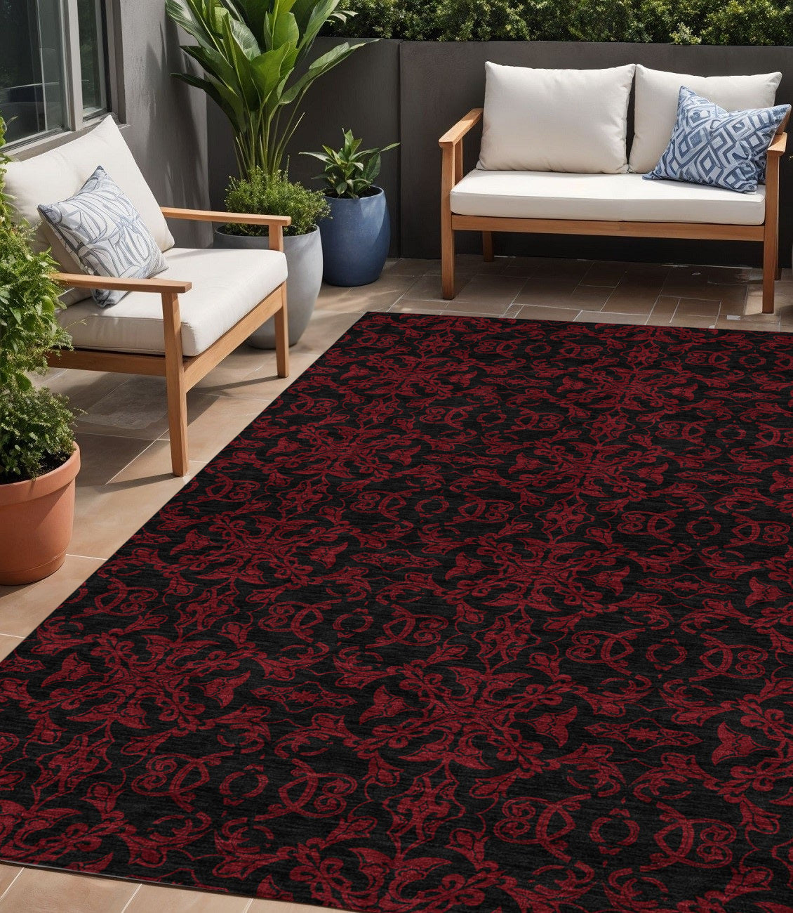 5 X 8 Red And Black Medallion Washable Indoor Outdoor Area Rug