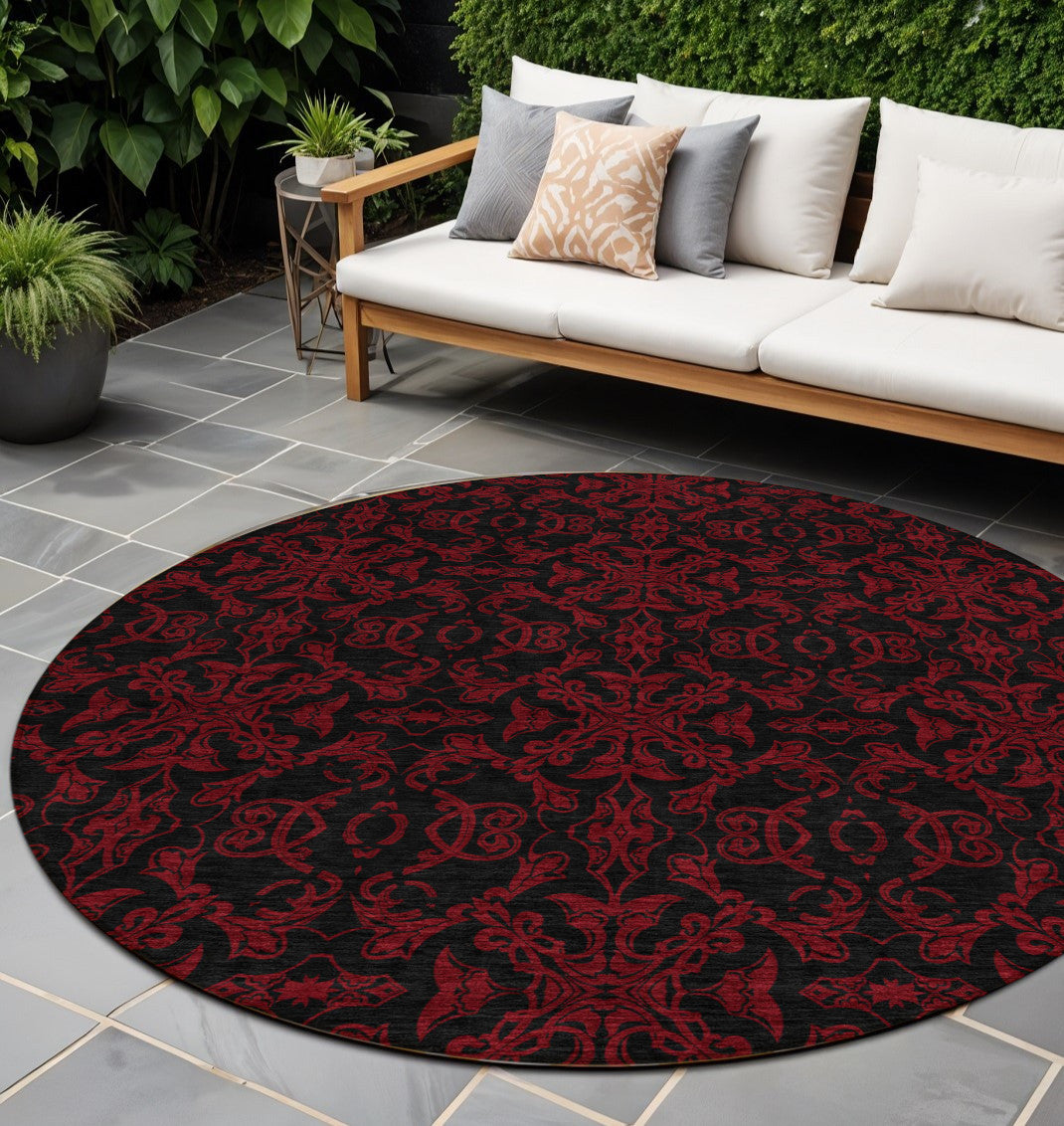 8 Red And Black Round Medallion Washable Indoor Outdoor Area Rug