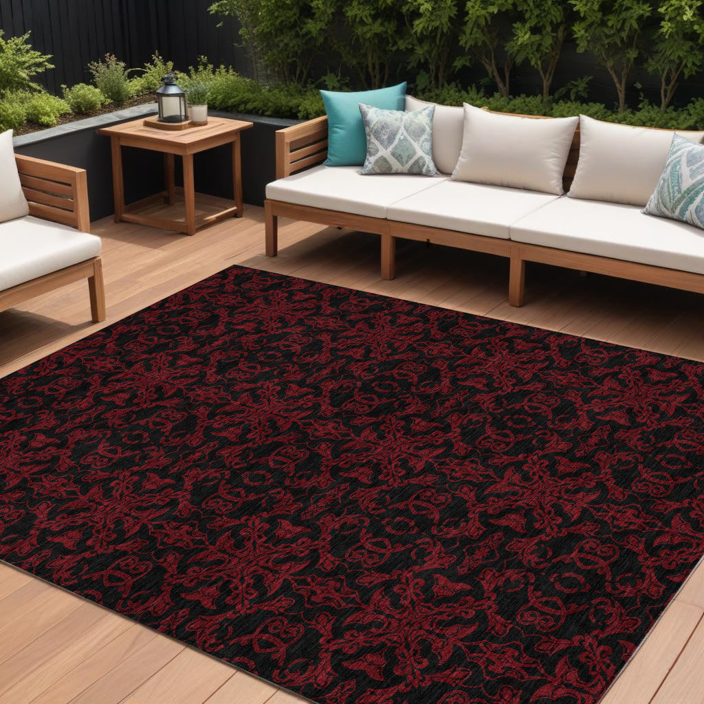 9 X 12 Red And Black Medallion Washable Indoor Outdoor Area Rug