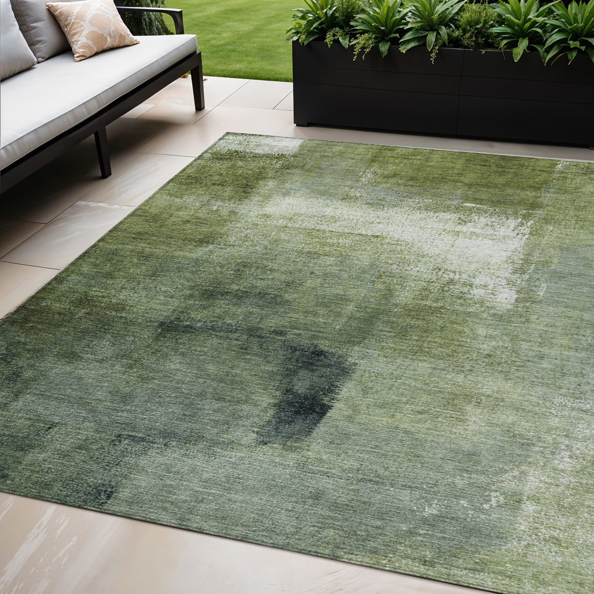 5 X 8 Artichoke Green And Sage Abstract Washable Indoor Outdoor Area Rug