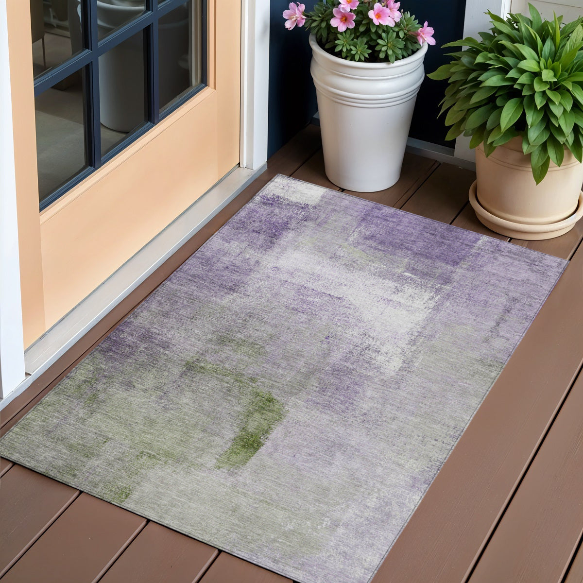 3 X 5 Purple Lavender And Green Abstract Washable Indoor Outdoor Area Rug