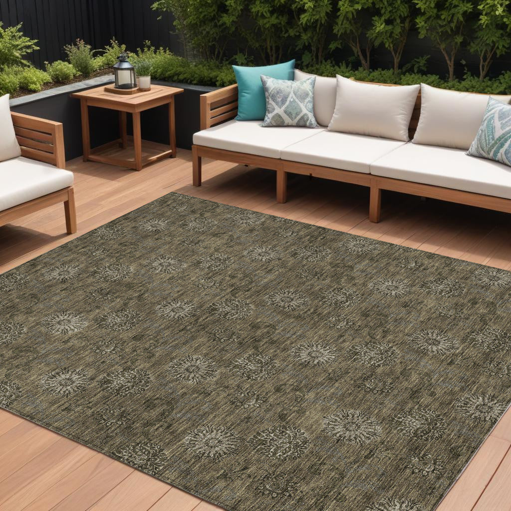 9 X 12 Brown And Beige Floral Washable Indoor Outdoor Area Rug