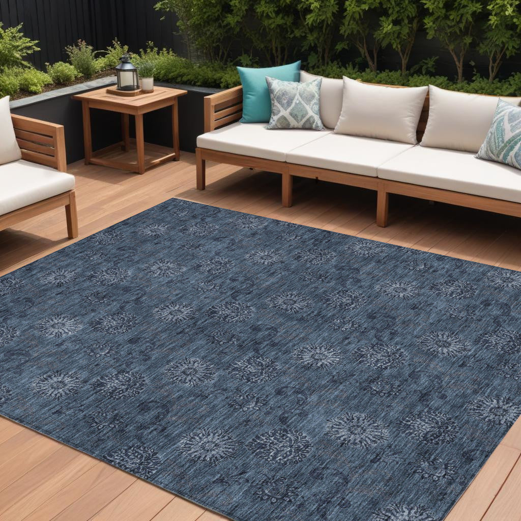 10 X 14 Blue And Navy Blue Floral Washable Indoor Outdoor Area Rug
