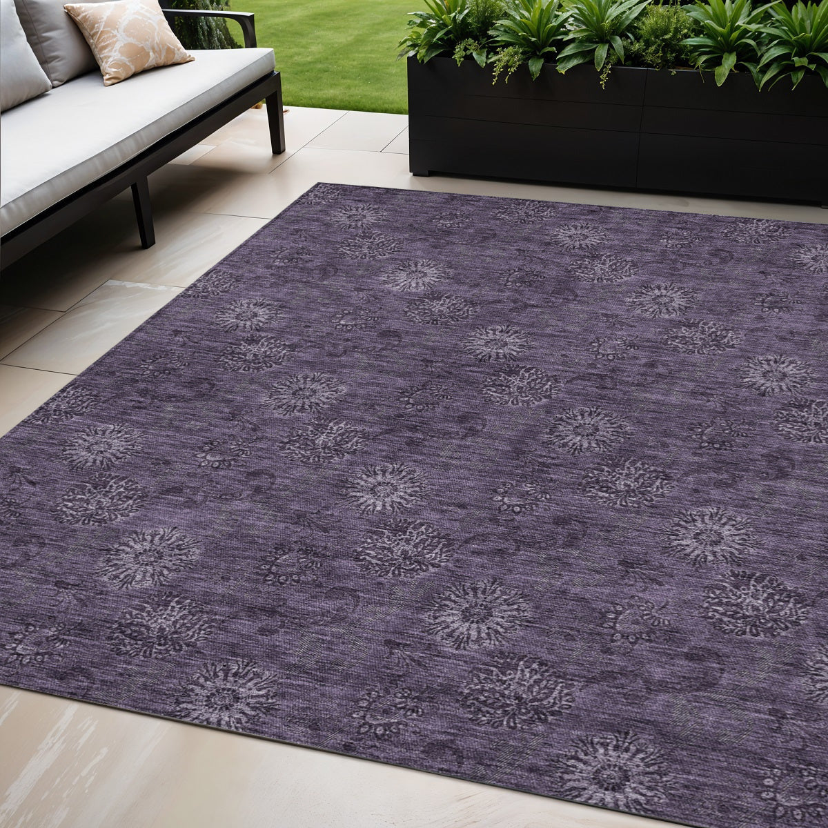 5 X 8 Eggplant And Purple Floral Washable Indoor Outdoor Area Rug