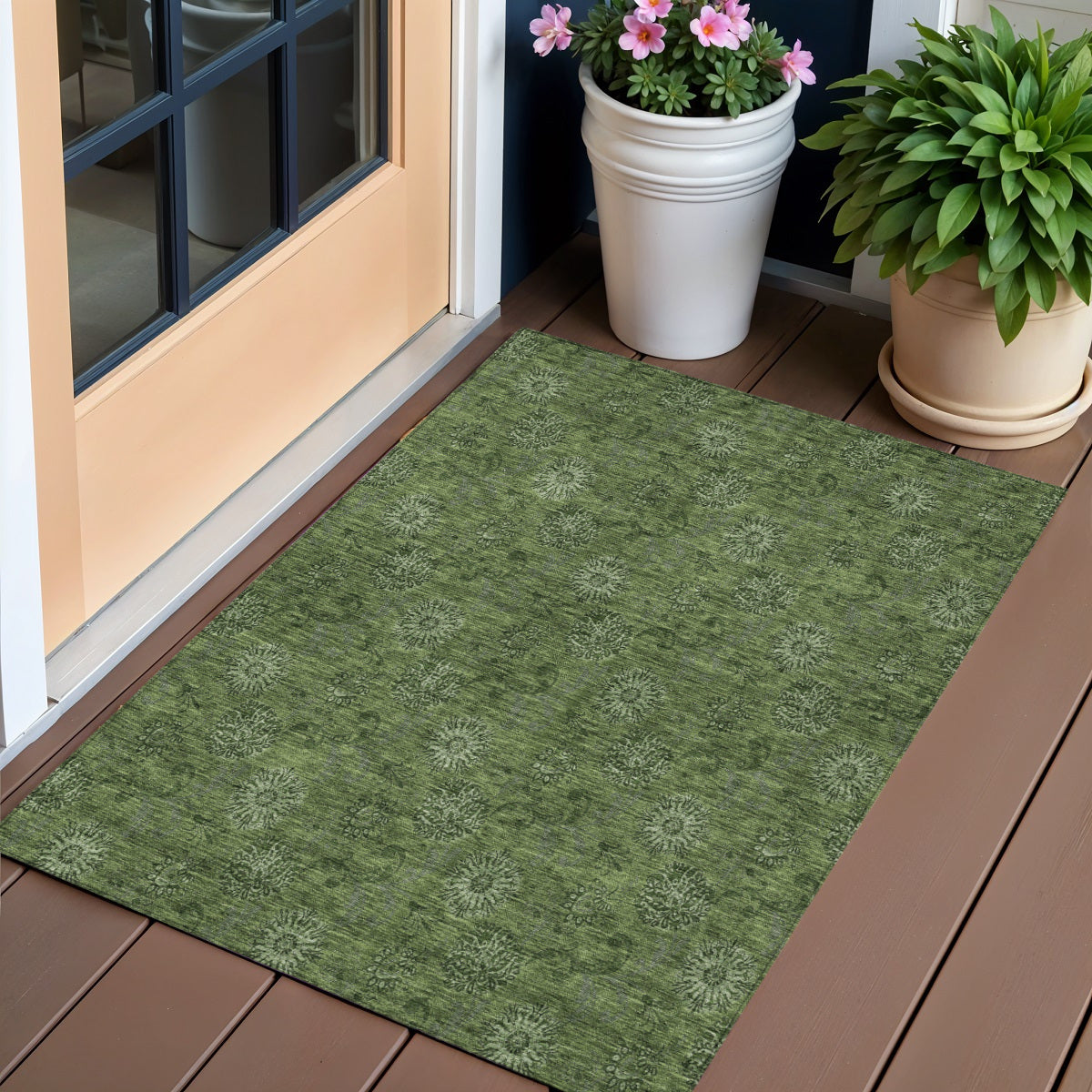 3 X 5 Olive Green And Green Floral Washable Indoor Outdoor Area Rug