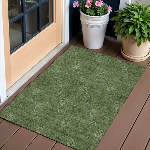 3 X 5 Olive Green And Green Floral Washable Indoor Outdoor Area Rug