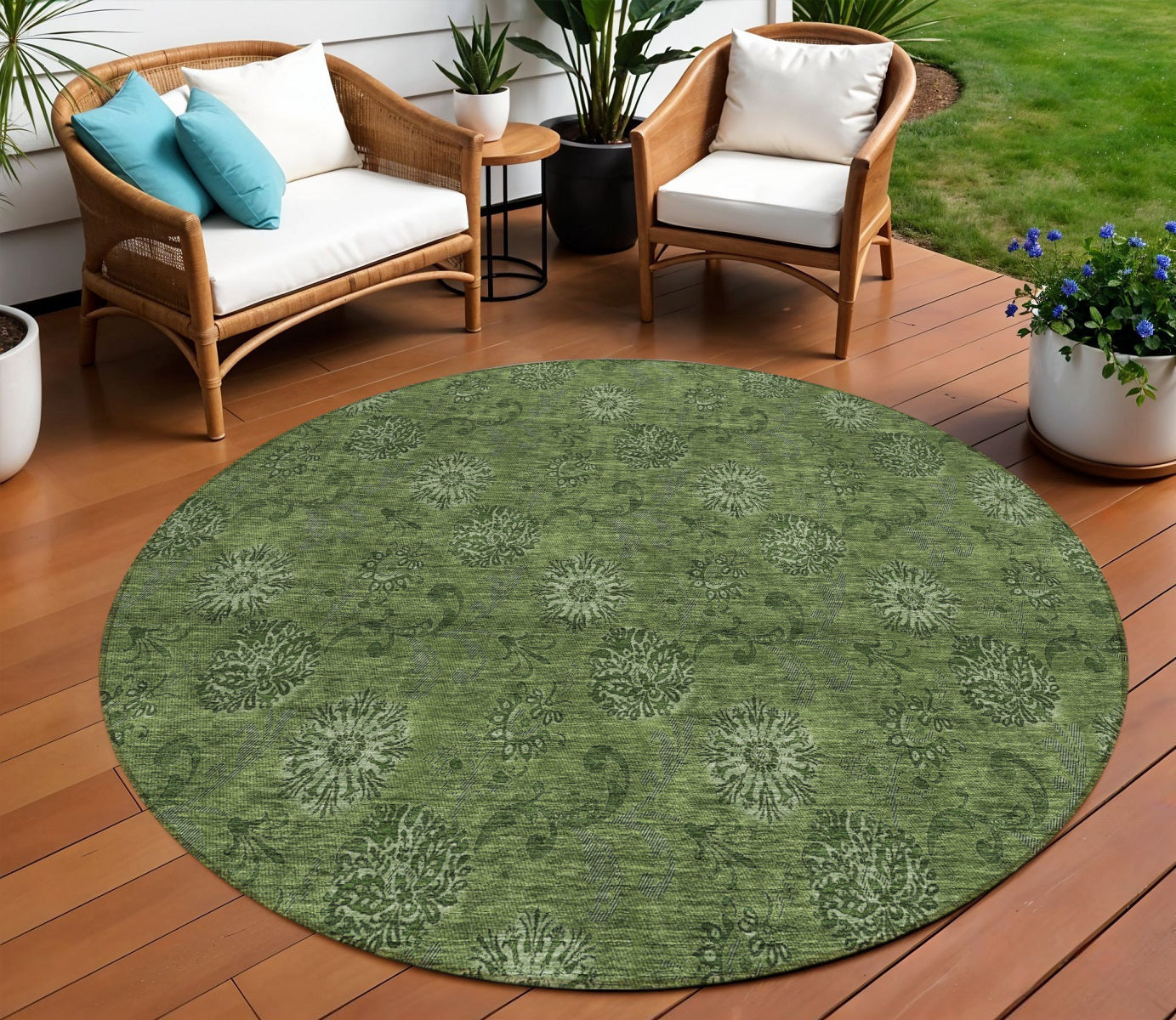 8 Olive Green And Green Round Floral Washable Indoor Outdoor Area Rug
