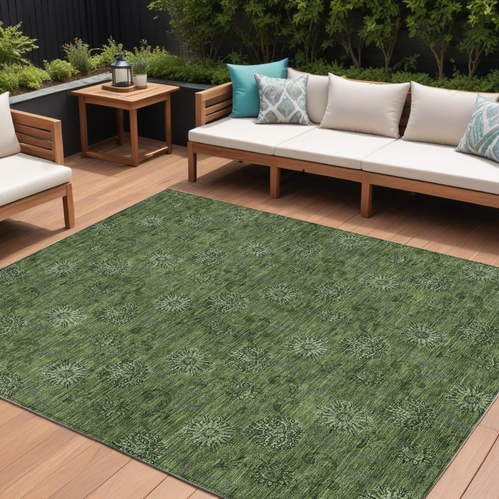 9 X 12 Olive Green And Green Floral Washable Indoor Outdoor Area Rug