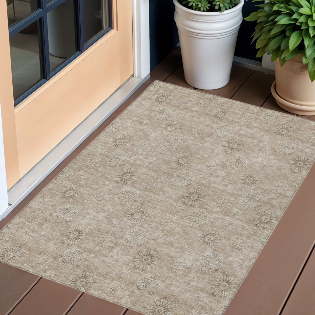 3 X 5 Khaki Beige And Tan Floral Washable Indoor Outdoor Area Rug