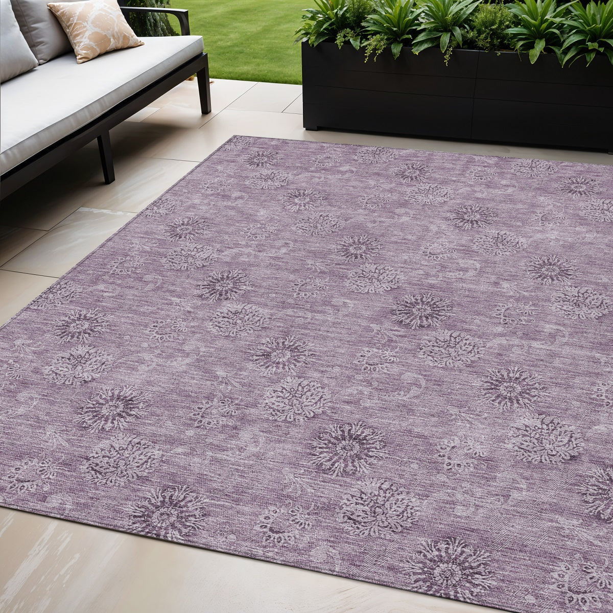 5 X 8 Plum And Purple Floral Washable Indoor Outdoor Area Rug