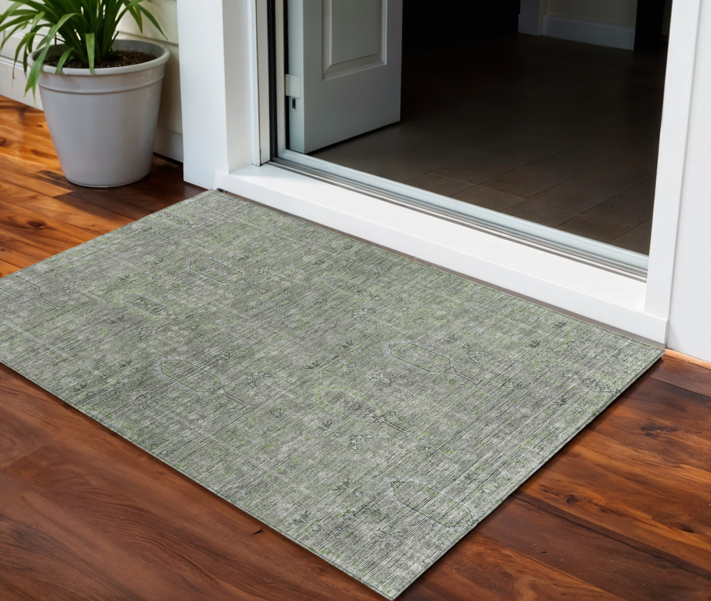 3 X 5 Fern Green And Gray Southwestern Washable Indoor Outdoor Area Rug