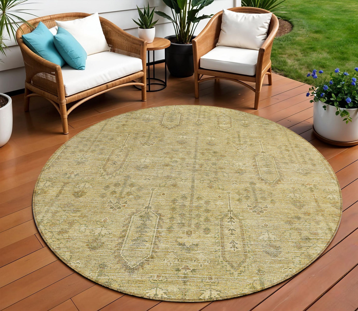 8 Gold And Taupe Round Southwestern Washable Indoor Outdoor Area Rug