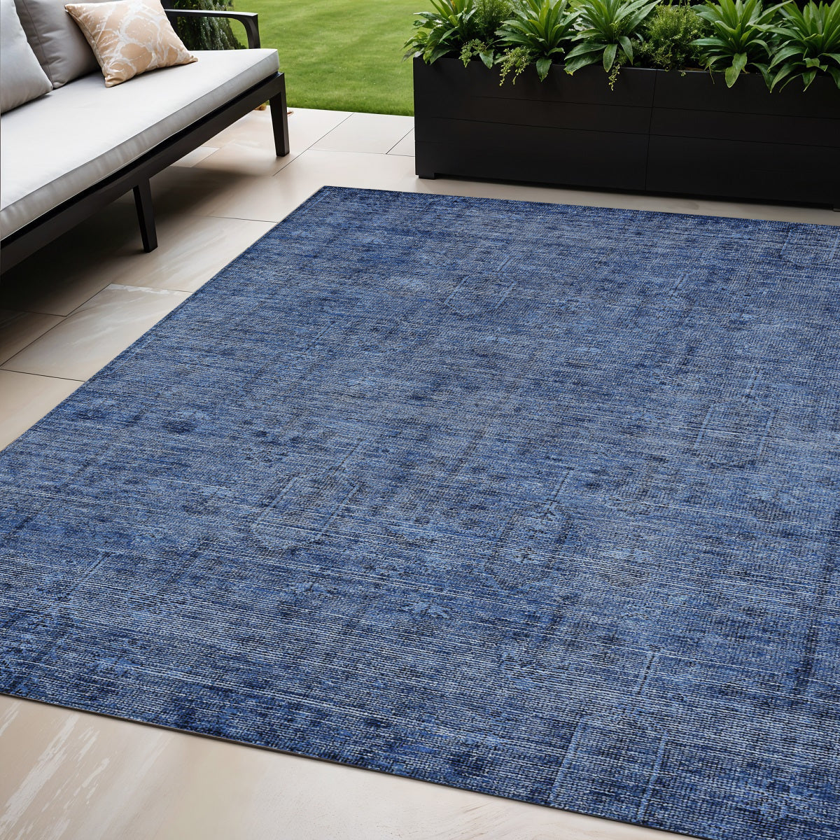 5 X 8 Navy Blue And Blue Southwestern Washable Indoor Outdoor Area Rug