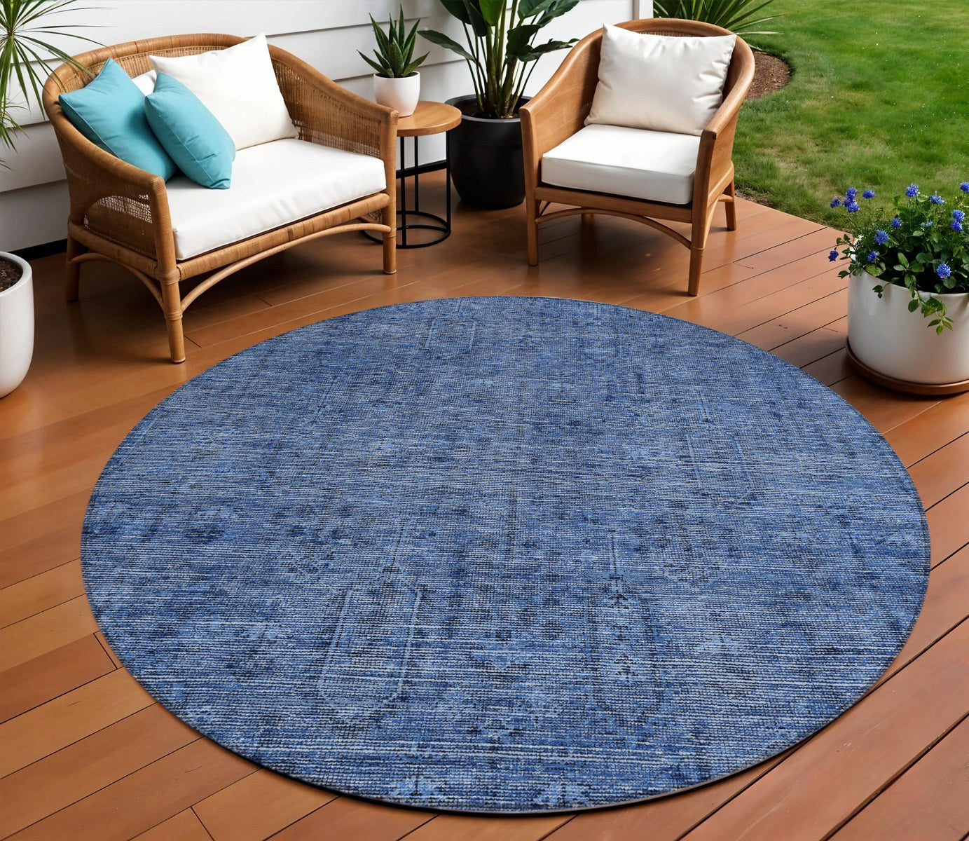 8 Navy Blue And Blue Round Southwestern Washable Indoor Outdoor Area Rug