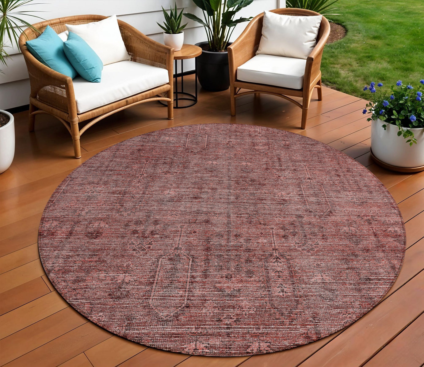 8 Orange And Copper Round Southwestern Washable Indoor Outdoor Area Rug