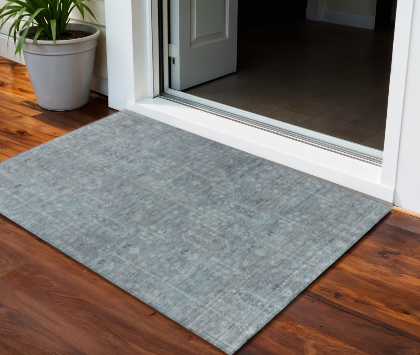 3 X 5 Teal Blue And Gray Southwestern Washable Indoor Outdoor Area Rug
