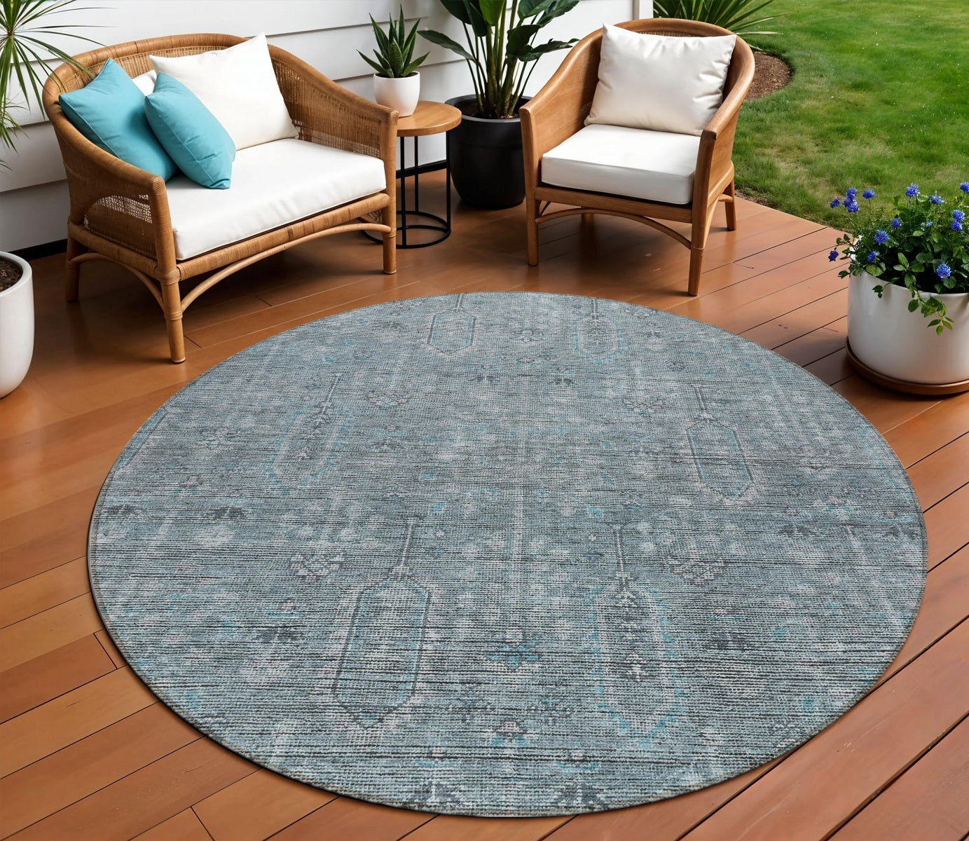 8 Teal Blue And Gray Round Southwestern Washable Indoor Outdoor Area Rug
