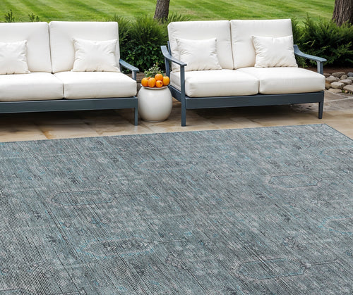 10 X 14 Teal Blue And Gray Southwestern Washable Indoor Outdoor Area Rug
