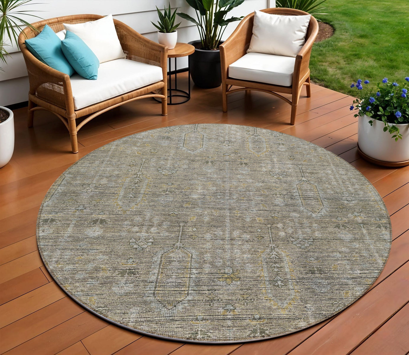 8 Taupe Gray And Beige Round Southwestern Washable Indoor Outdoor Area Rug