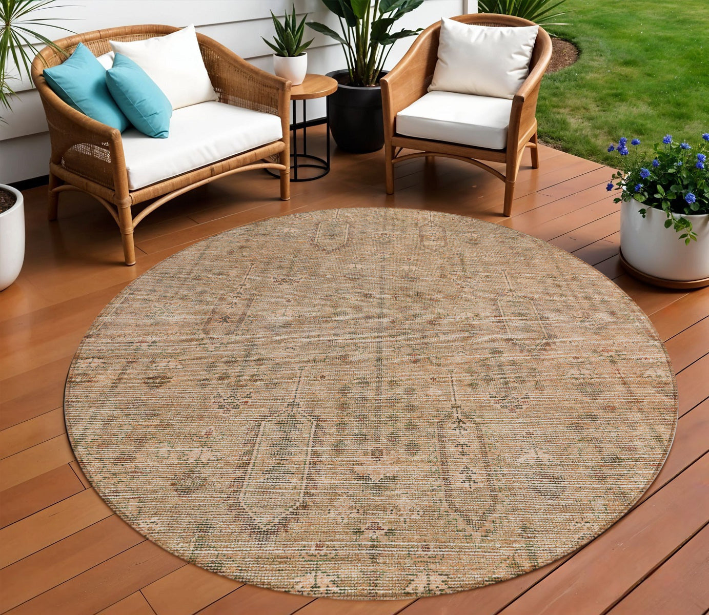 8 Terra Cotta And Copper Round Southwestern Washable Indoor Outdoor Area Rug