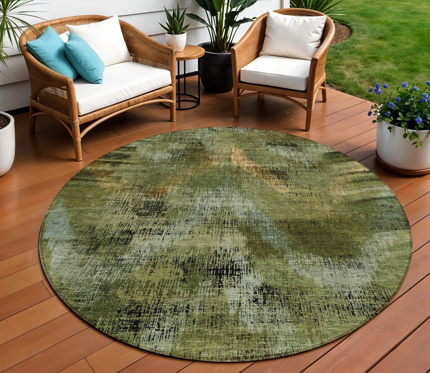 8 Olive Green And Gold Round Abstract Washable Indoor Outdoor Area Rug