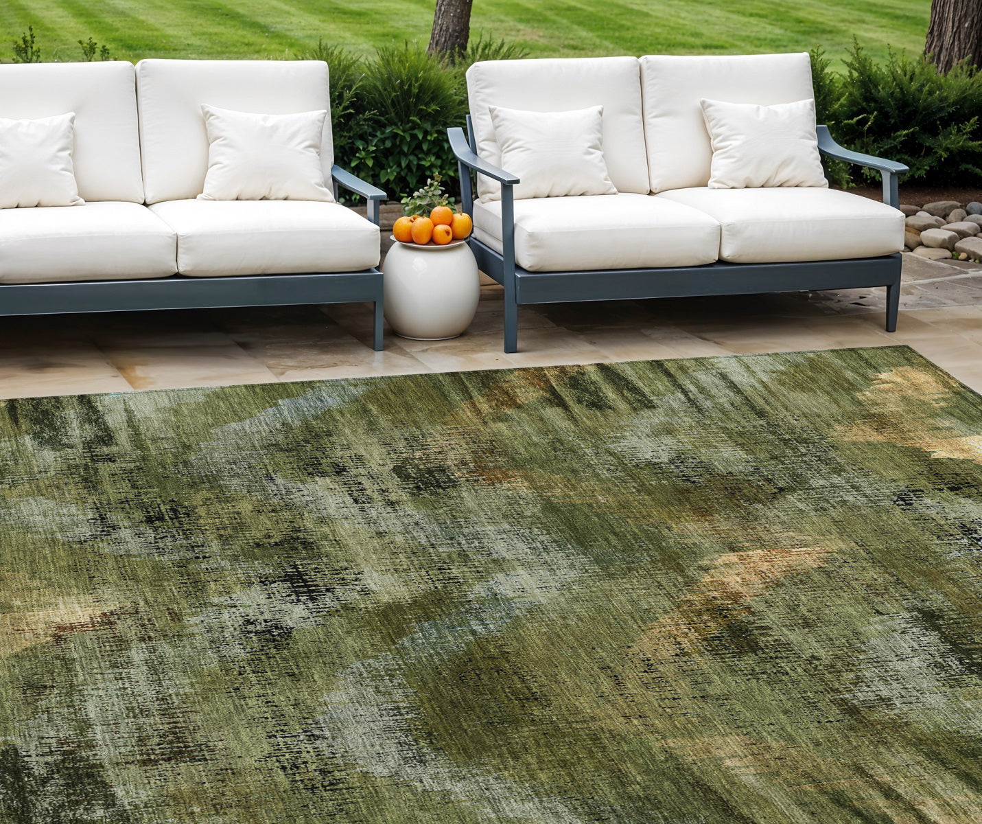 9 X 12 Olive Green And Gold Abstract Washable Indoor Outdoor Area Rug