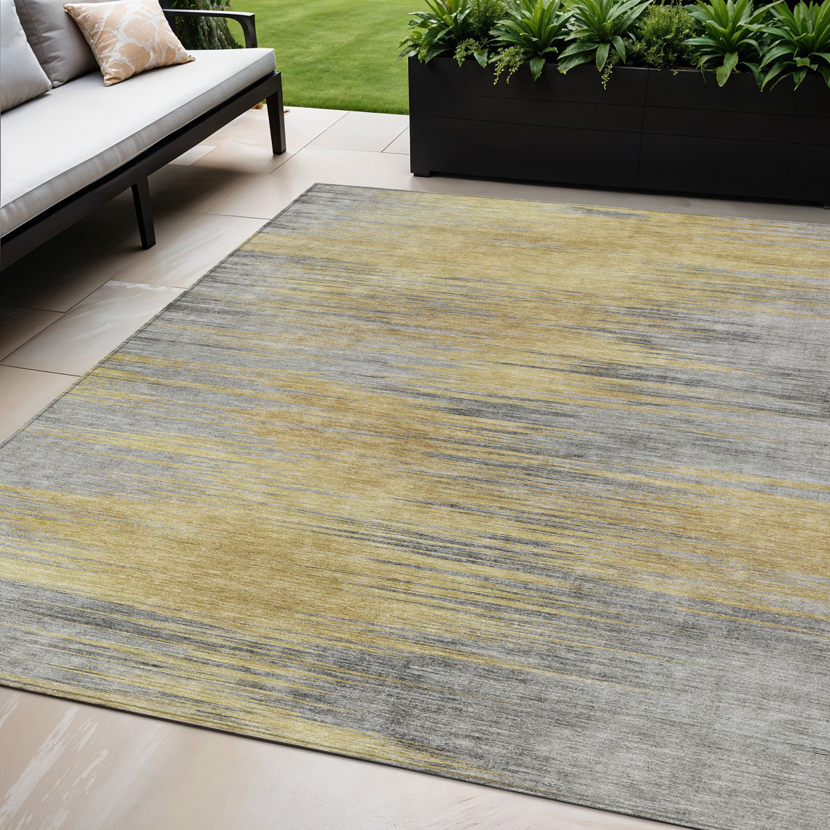5 X 8 Gold Gray And Charcoal Abstract Washable Indoor Outdoor Area Rug