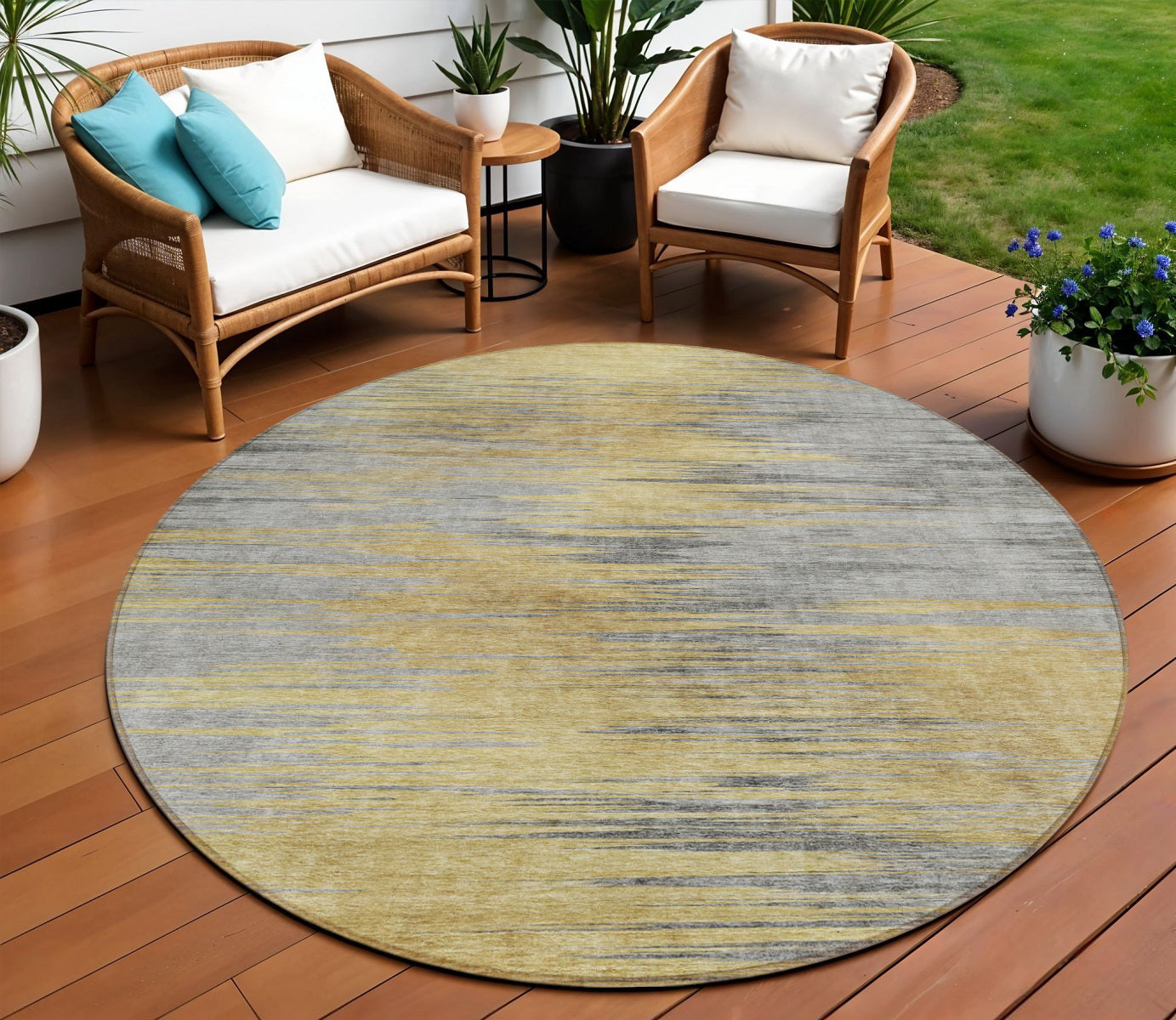 8 Gold Gray And Charcoal Round Abstract Washable Indoor Outdoor Area Rug