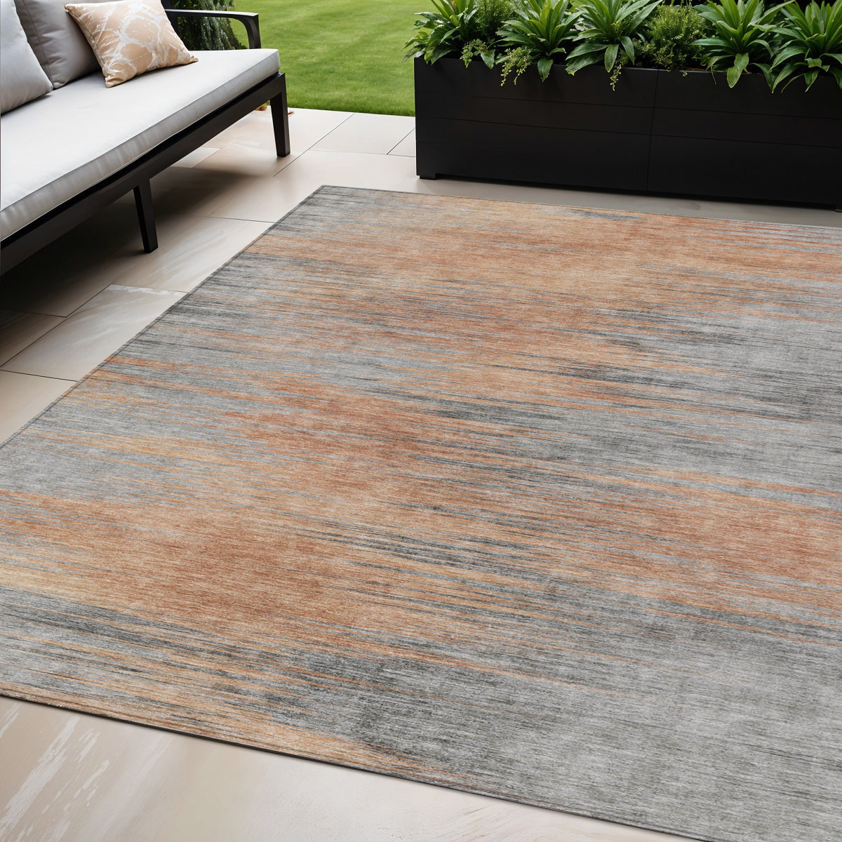 5 X 8 Salmon Gray And Charcoal Abstract Washable Indoor Outdoor Area Rug