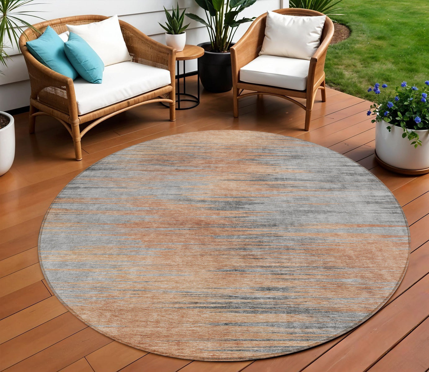 8 Salmon Gray And Charcoal Round Abstract Washable Indoor Outdoor Area Rug